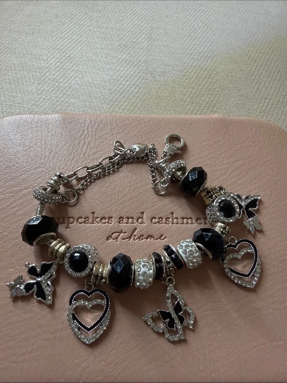 Stainless Silver-tone Black Bead Heart & Butterfly Charm Bracelet - Picture 10 of 10